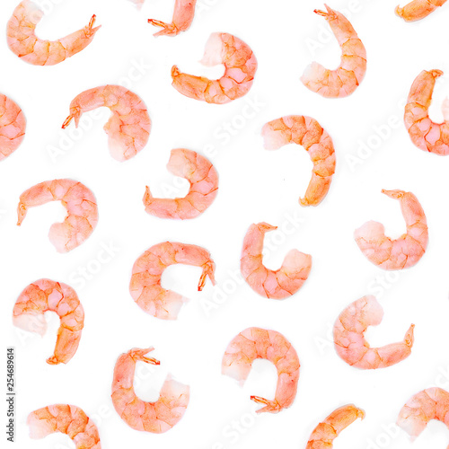 Peeled Shrimps Pattern.  Shrimps isolated on white background. Seafood  Collection. Top view. Flat lay