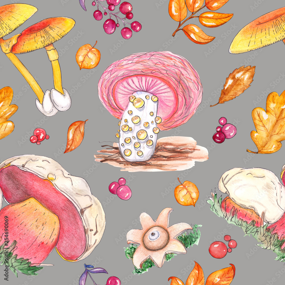 Watercolor seamless pattern with fungus mushrooms Watercolor seamless pattern with fungus mushrooms