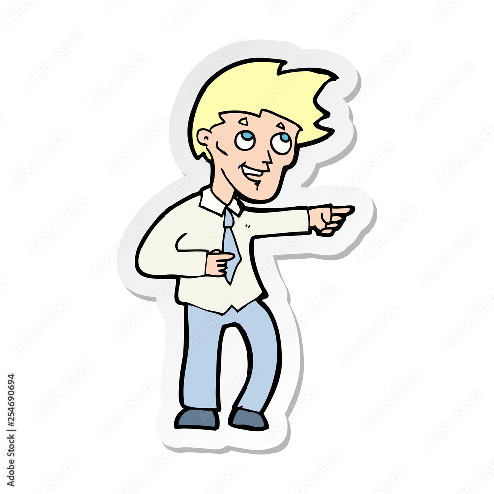 sticker of a cartoon funny office man pointing sticker of a cartoon funny office man pointing