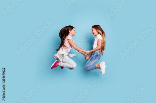 Bild auf Leinwand Full length body size profile side view of two people nice cute attractive cheer
