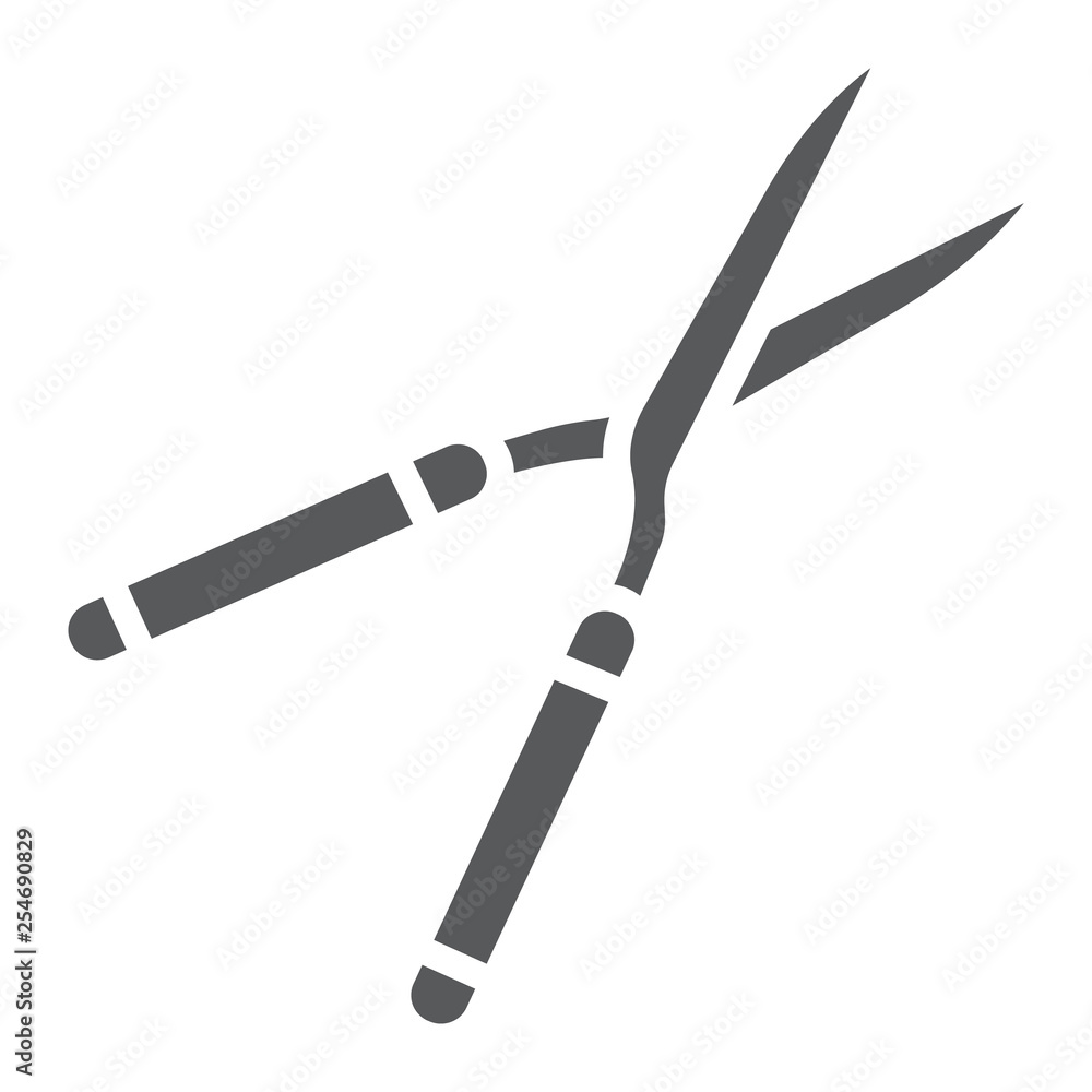 Secateurs glyph icon, equipment and garden, scissors sign, vector graphics, a solid pattern on a white background. Secateurs glyph icon, equipment and garden, scissors sign, vector graphics, a solid pattern on a white background.