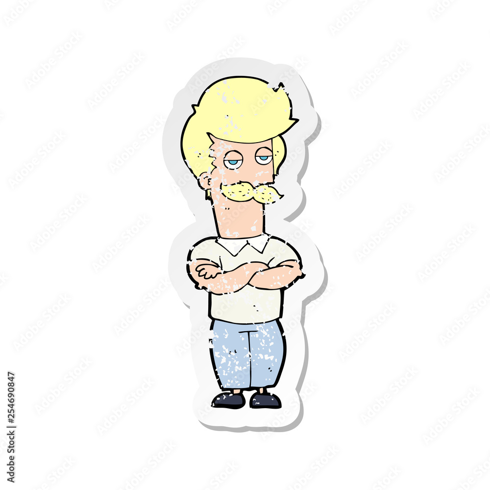retro distressed sticker of a cartoon mustache muscle man retro distressed sticker of a cartoon mustache muscle man