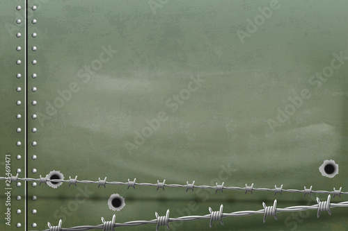 Metal background with holes from bullets and barbed wire.