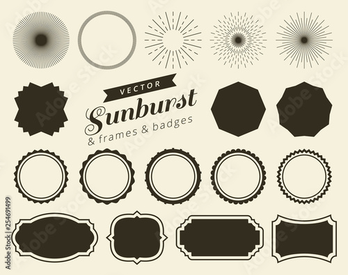 Collection of hand drawn retro sunburst, bursting rays design elements. Frames, badges