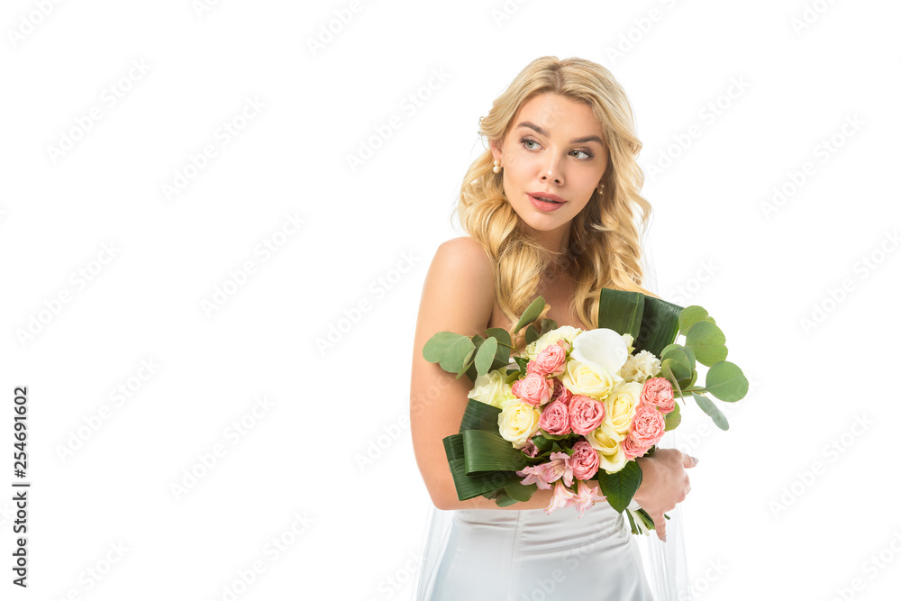 beautiful bride holding nice wedding bouquet isolated on white