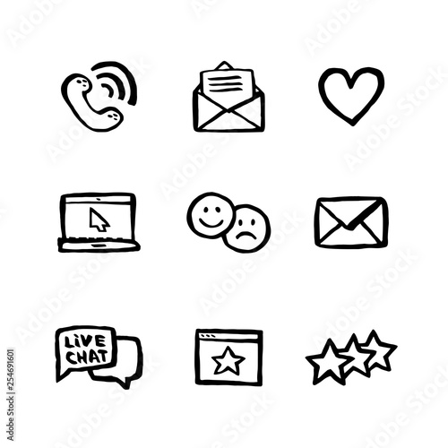 Naive style icon set. Call center concept. Customer service chat. Doodle ink style Set of testimonials related vector hand drawn line icons. Contains such Icons as rating, feedback, review, emotion.