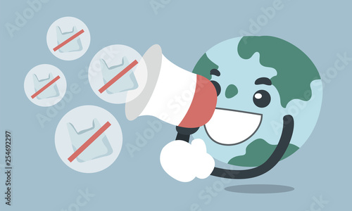 Pollution problem concept. Cartoon Earth  say no to plastic bag, no plastic bag campaign..