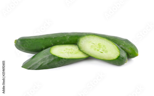 portion cut fresh Japanese cucumber on white background