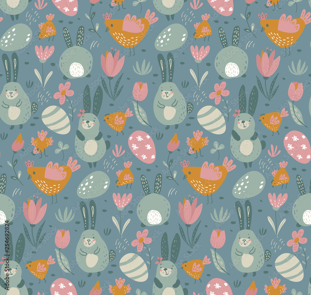 Vector seamless pattern with rabbits, chicken and flowers. Vector seamless pattern with rabbits, chicken and flowers.