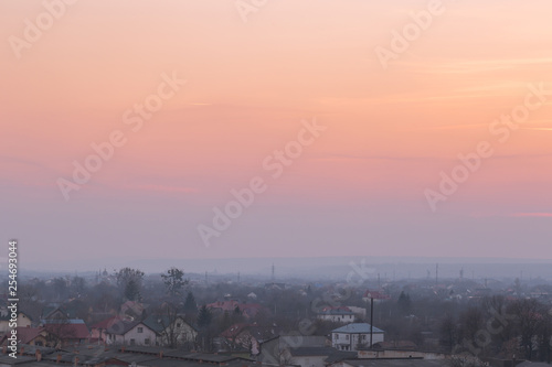 Aerial view on small village at sunset with long exposure