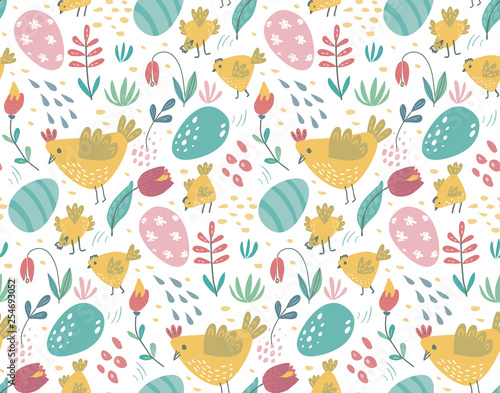 Vector seamless pattern with rabbits, chicken and flowers.
