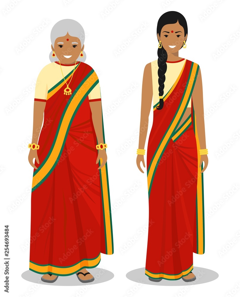 Set of standing together old and young indian woman in the traditional clothing isolated on white background in flat style. Different people in the east dress. Vector illustration. Set of standing together old and young indian woman in the traditional clothing isolated on white background in flat style. Different people in the east dress. Vector illustration.