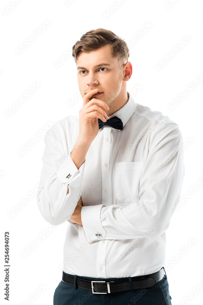 thoughtful bridegroom holding hand near face isolated on white thoughtful bridegroom holding hand near face isolated on white