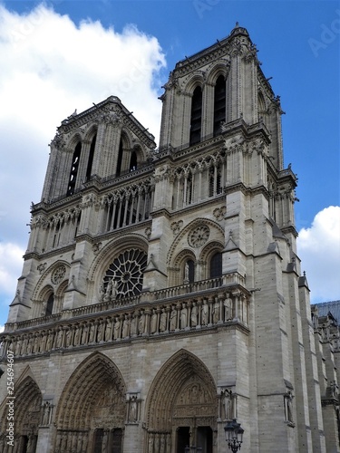Notre Dame Cathedral, facade, clear day, Paris, France