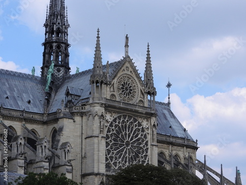 Architectural details of Notre Dame de Paris. Notre Dame Cathedral - the most famous Gothic Roman Catholic Cathedral 1163-1345 on the Eastern half of the island of cite. France, Europe