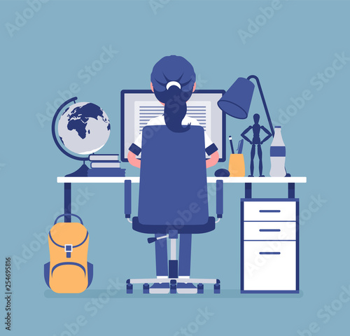 Girl student sitting at desk, rear view. Young pupil doing homework or assignment, teenager preparing for school exams, distance education and online courses, home external study. Vector illustration
