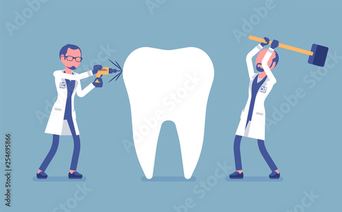Bad dentists damaging giant healthy tooth. Unqualified practitioners doctors of harmful stomatology making injury, dental problems, dangerous clinic treatment. Vector illustration, faceless characters