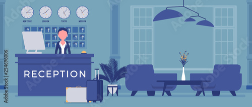 Hotel receptionist in lobby at front desk. Woman in reception area, greets and deals with clients, city visitors, interior, service for travellers, tourists. Vector illustration, faceless characters