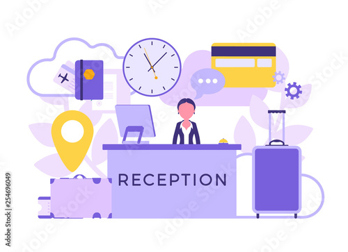 Hotel receptionist in lobby at front desk. Woman in reception area, greets, deals with clients, visitors, interior, service for travellers, tourists. Vector abstract illustration, faceless characters