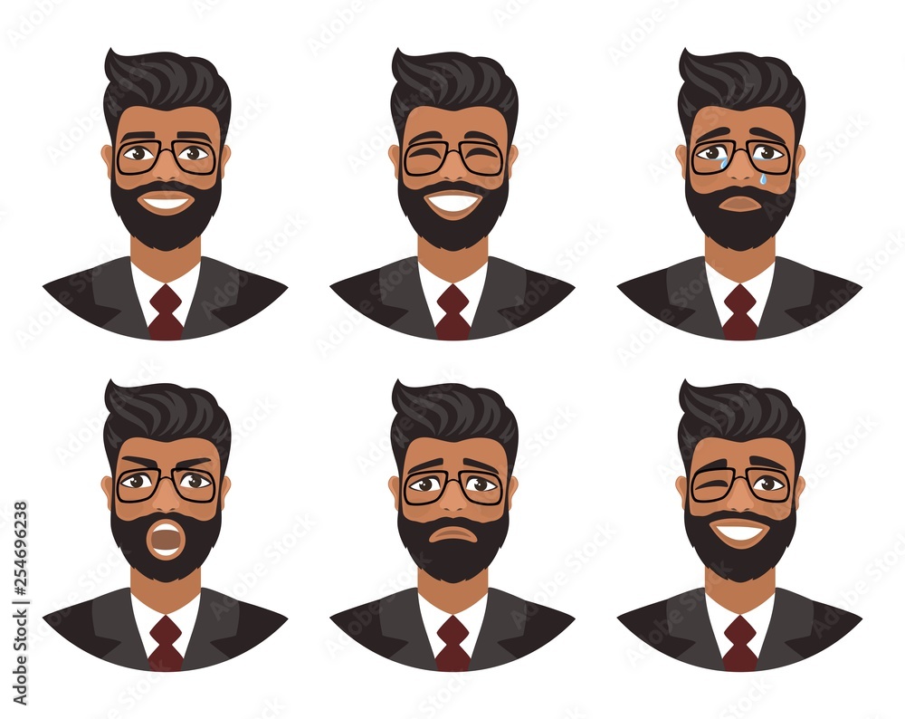 Set of avatars of men expressing various emotions: joy, sadness, laughter,  tears, anger, disgust, cry. Brown eyes, dark skin, black hair and glasses. Cartoon  character isolated on a white background. Stock Vector |