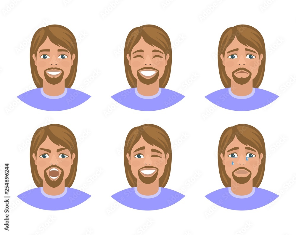 Set of mens avatars expressing various emotions: joy, sadness, laughter, tears, anger, disgust, cry. Long haired blond guy with blue eyes. Cartoon character isolated on a white background. Vector. Set of mens avatars expressing various emotions: joy, sadness, laughter, tears, anger, disgust, cry. Long haired blond guy with blue eyes. Cartoon character isolated on a white background. Vector.