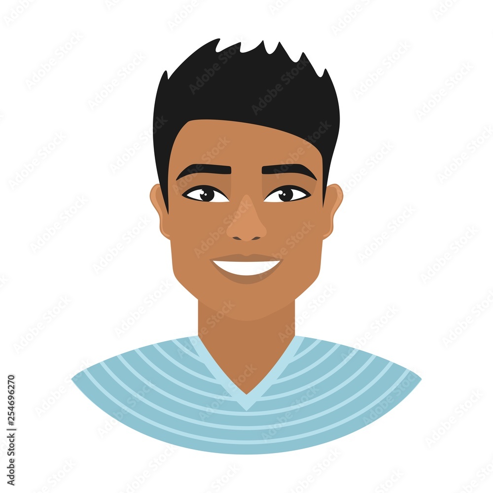Portrait of a smiling Asian man in a blue striped shirt. Narrow eyes, dark skin and black hair. Flat cartoon character isolated on a white background. Vector illustration.