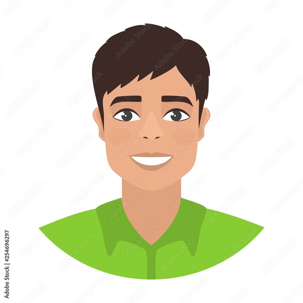 Happy smiling dark-haired guy with brown eyes in a green shirt. Fun mood.  Flat cartoon character isolated on a white background. Vector illustration.  Stock Vector | Adobe Stock