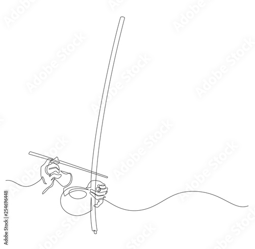 Man playing at berimbau. Hands hold a musical instrument. Contour Isolated on white. vector illustration