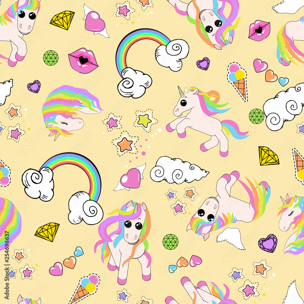 pattern with unicorns, rainbow, clouds, heart with wings, lips, stars