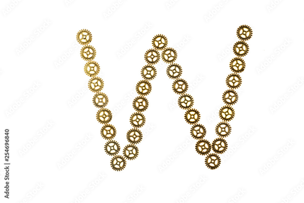 Alphabet letter W made of metal gears. Isolated on white background. Steampunk style Alphabet letter W made of metal gears. Isolated on white background. Steampunk style