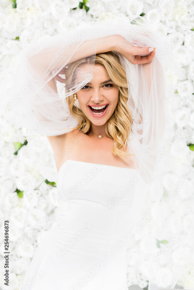 cheerful young bride holding bridal veil in raised hands on white floral background cheerful young bride holding bridal veil in raised hands on white floral background