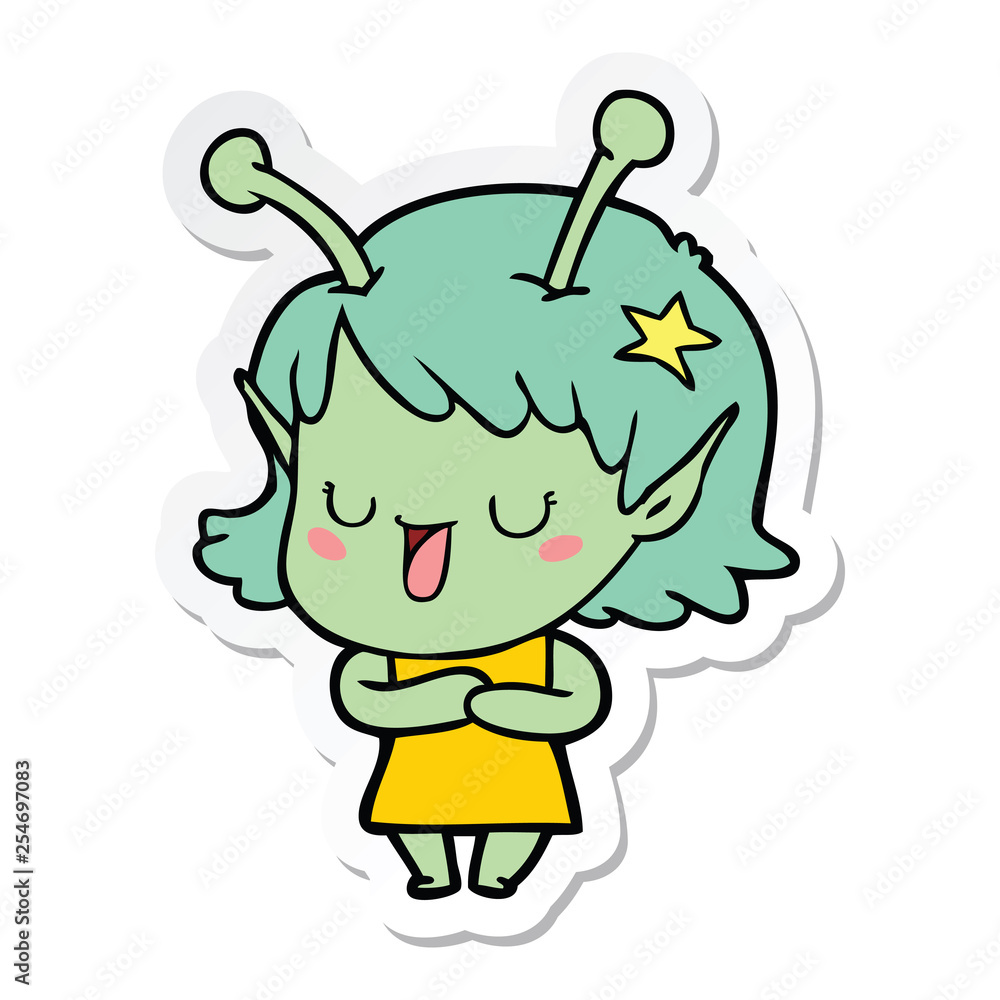 sticker of a happy alien girl cartoon sticker of a happy alien girl cartoon
