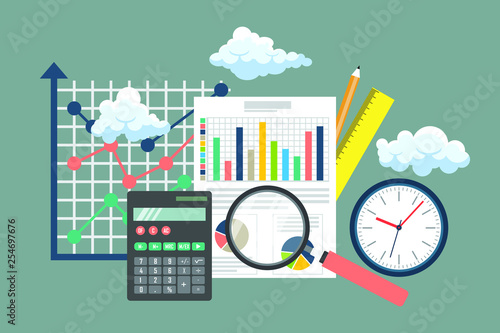 Auditing concept vector illustration. Tax process. Business background. Flat design of analysis, data, accounting, planning, management, research, calculation, reporting, project management.