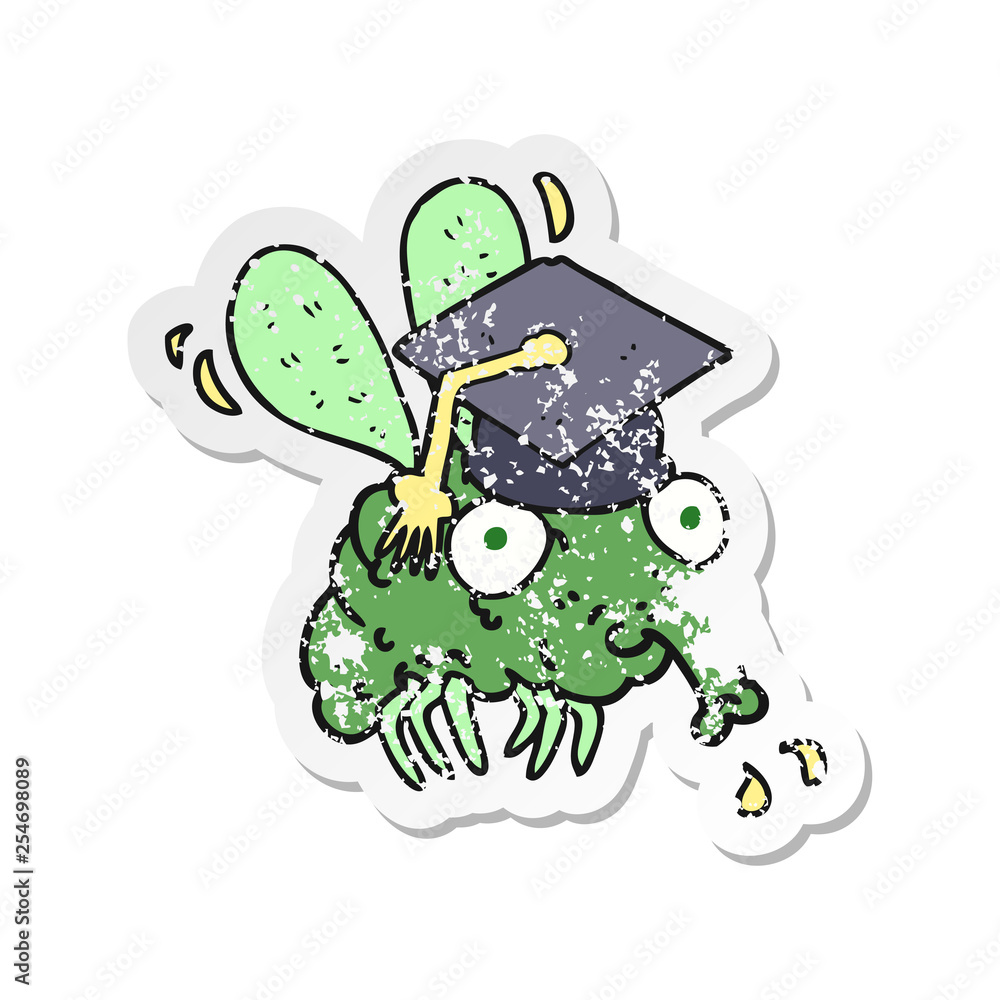 retro distressed sticker of a cartoon fly graduate retro distressed sticker of a cartoon fly graduate
