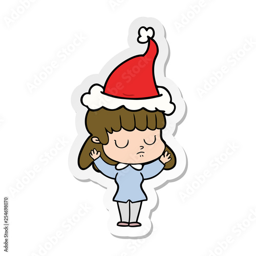 sticker cartoon of a indifferent woman wearing santa hat