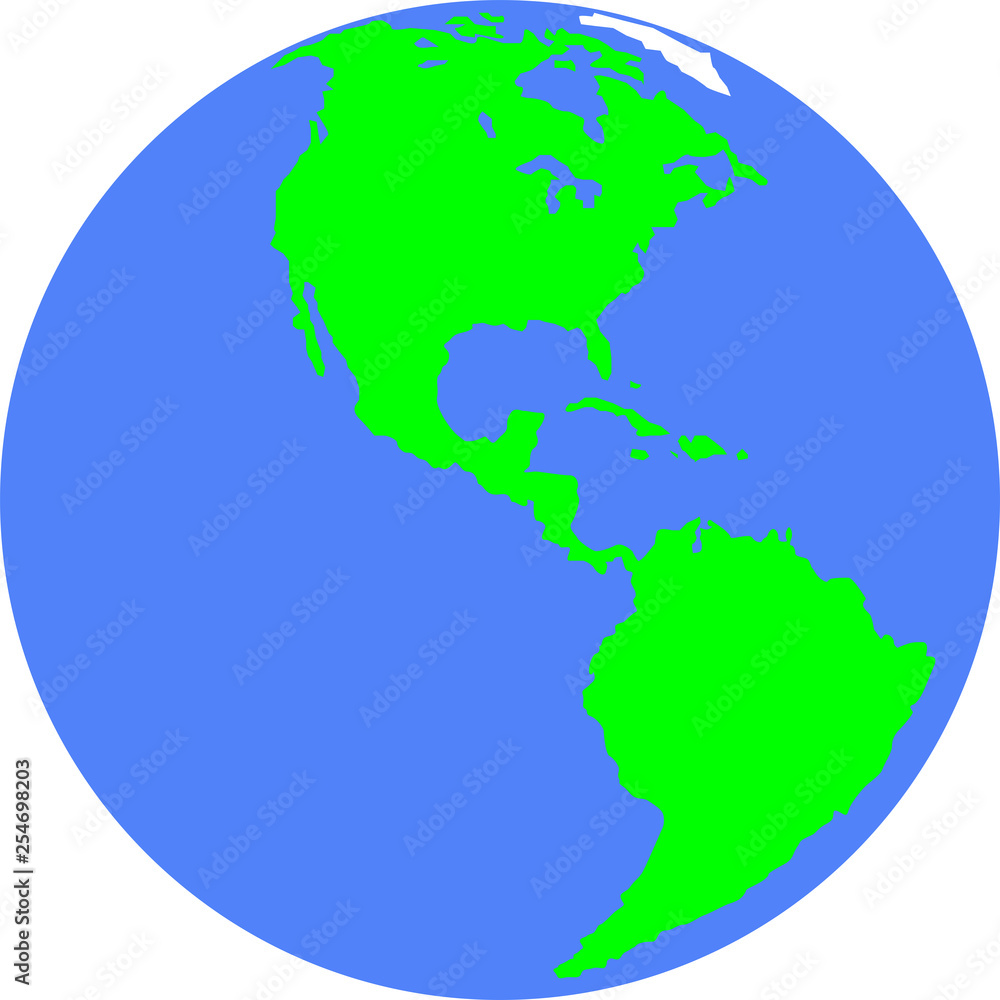 Planet Earth with silhouettes of North and South America. Continents are green.