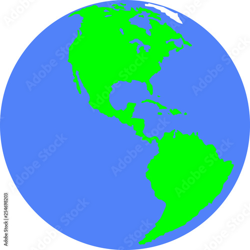 Planet Earth with silhouettes of North and South America. Continents are green.