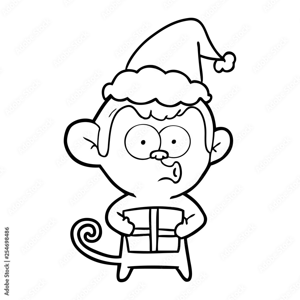 line drawing of a christmas monkey wearing santa hat