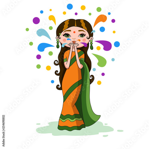 Young Indian woman in traditional cloth sari celebrates Holi festival, blows colorful paint powder palms up. Vector illustration colorful isolated on white background