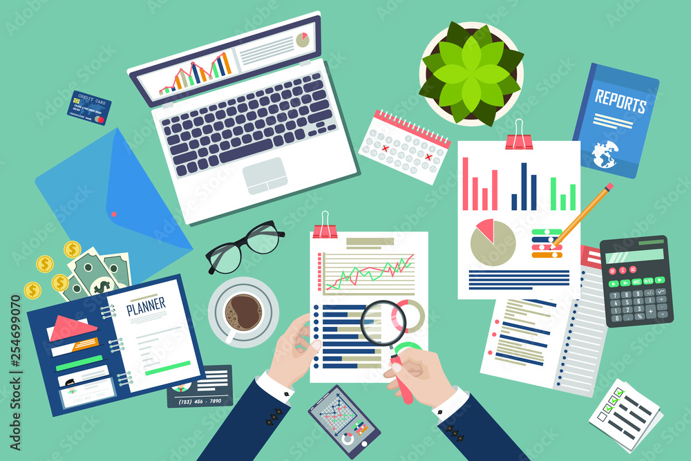 Auditing concept vector illustration. Tax process. Business background. Flat design of analysis, data, accounting, planning, management, research, calculation, reporting, project management.