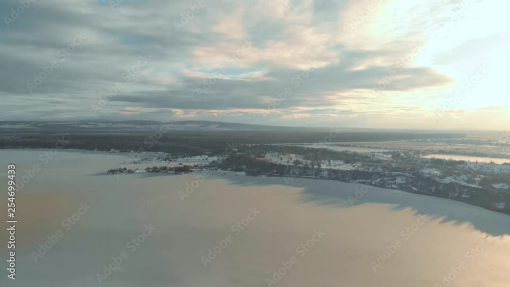 Aerial shot of the frozen river, winter, 4k Aerial shot of the frozen river, winter, 4k