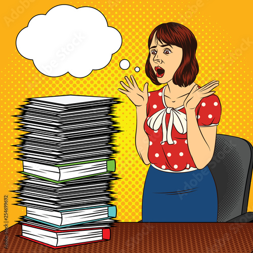 Color vector pop art comic style illustration of a girl in the office. The girl at the desk. Busy woman doing office work. Worker with a lot of documents on the table. Women's stressful face