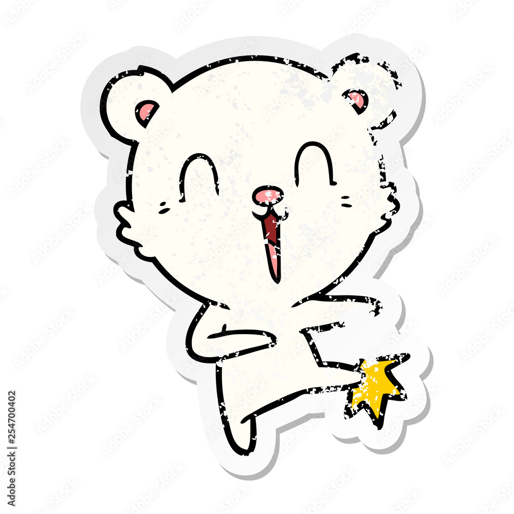 distressed sticker of a happy cartoon polar bear kicking