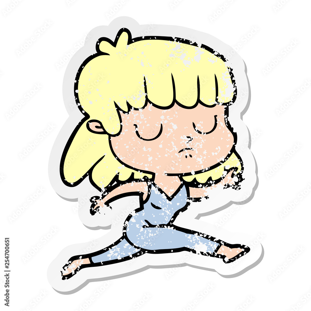 distressed sticker of a cartoon indifferent woman running distressed sticker of a cartoon indifferent woman running