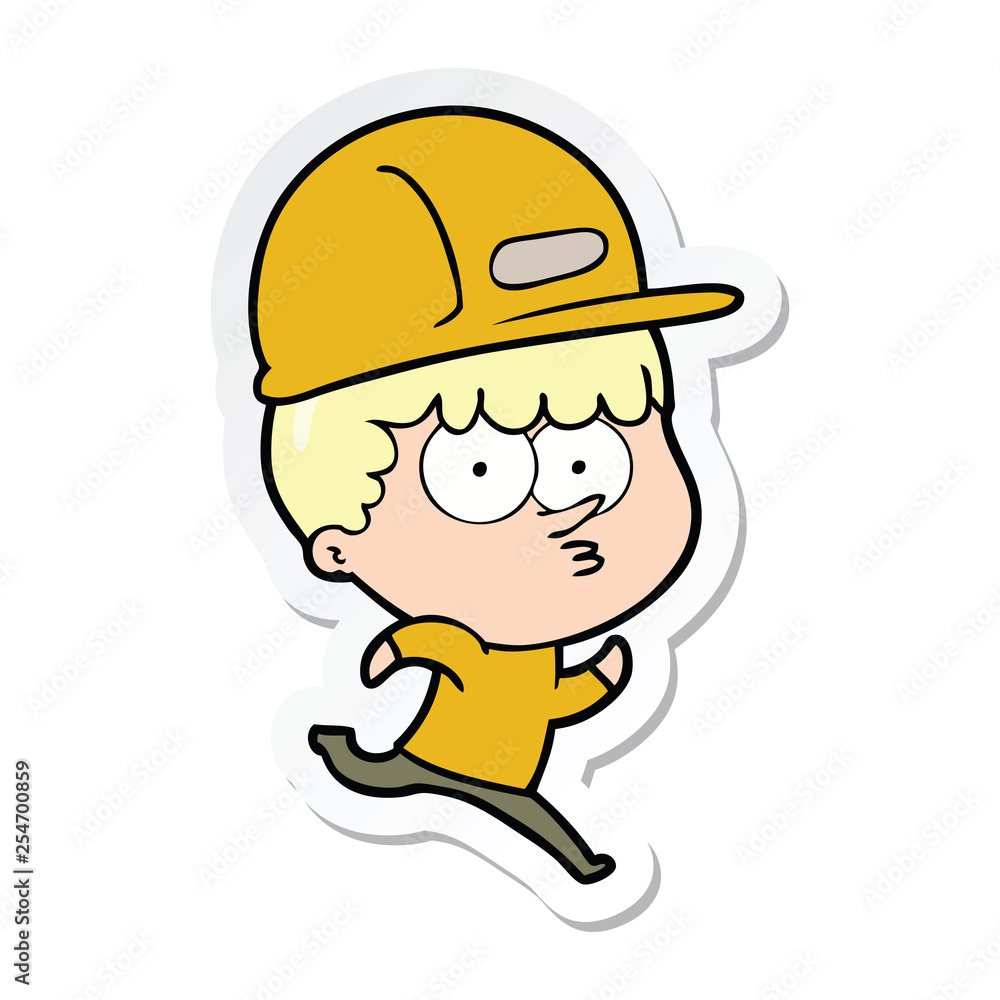 sticker of a cartoon man in builders hat running sticker of a cartoon man in builders hat running