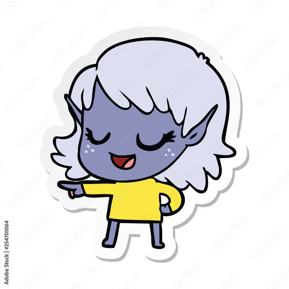 sticker of a happy cartoon elf girl pointing sticker of a happy cartoon elf girl pointing