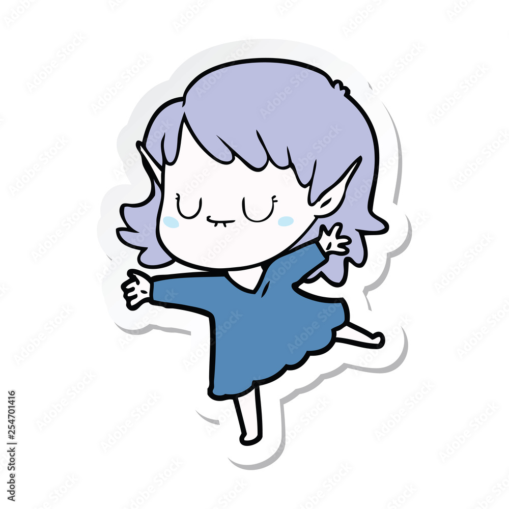 sticker of a happy cartoon elf girl wearing dress sticker of a happy cartoon elf girl wearing dress