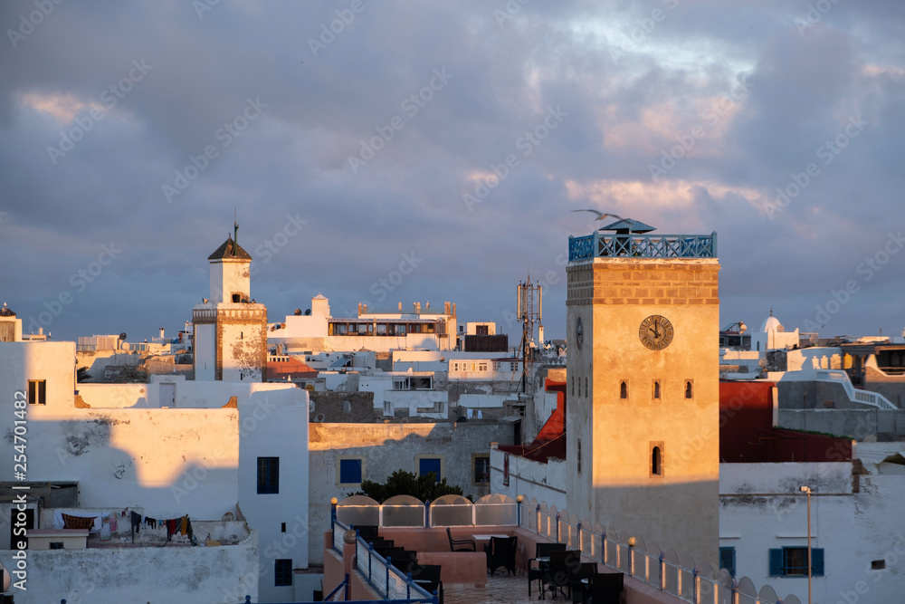Moroccan fort city in Essaouira. Essaouira ancient building walls and fortress in Medina at sunset time