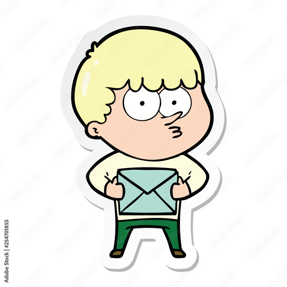 sticker of a cartoon curious boy carrying a gift