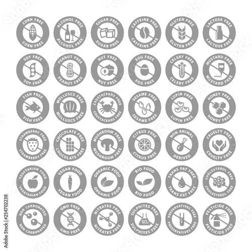 Food ingredients free, gluten, dairy free, organic, vegetarian food label set. Corn, soy, alcohol, sugar free circle vector badge sign set for packaging instructions.